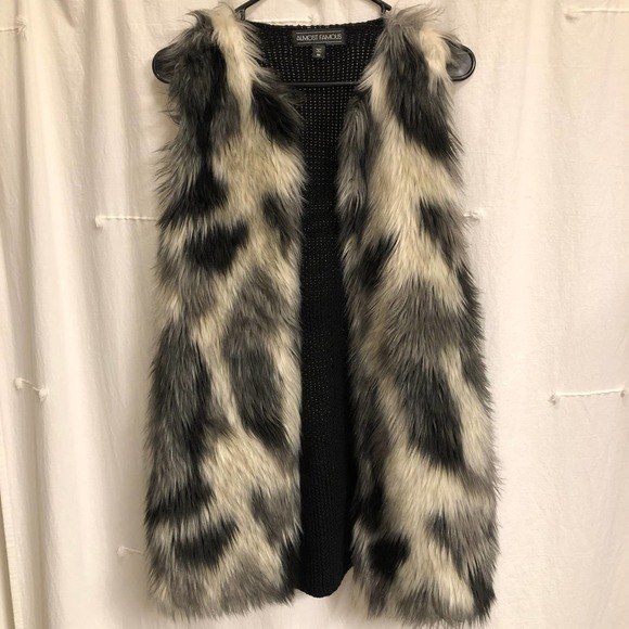 Almost Famous Faux Fur Long Open Front Vest Cow Print Medium M GUC - Picture 1 of 9
